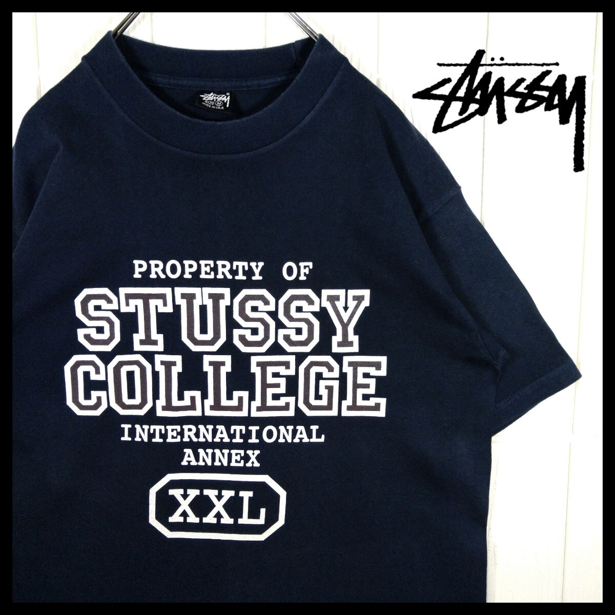 【STUSSY】80~90s'USA製 黒タグ カレッジロゴ Tシャツ ネイビー拍卖