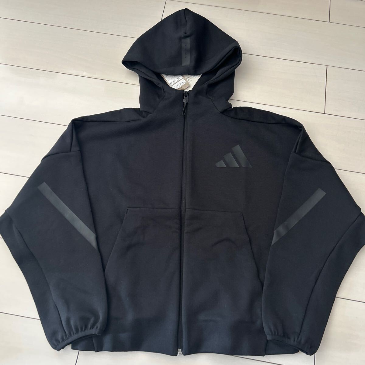 アディダスadidas レディース プルオーバー ジップパーカー スウェット14300円 黒ブラック ドルマンパフスリーブ フードトレーナー M拍卖