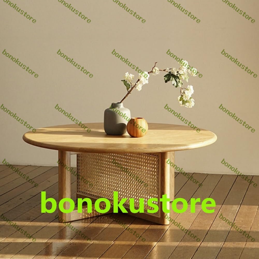 丸太風 無垢材 ラタン ラウンドコーヒーテーブル 丸型コーヒーテーブル ローテーブル ダイニングテーブル 棚付き 木の色 80CM拍卖