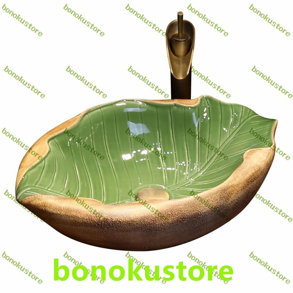 アンダーマウントシンク バスルームシンク クリエイティブセラミック洗面台 リーフアート カウンタートップ洗面台 洗面化粧台 蛇口付き拍卖