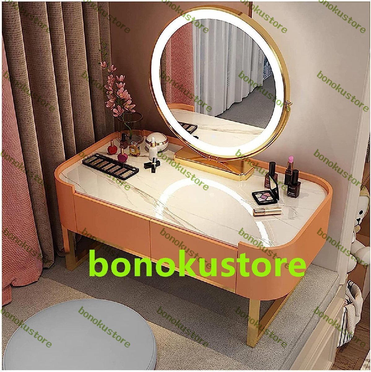 化粧台 化粧台 モダンなドレッシングテーブル リバーシブル LED ラウンドミラー付き 引き出し付き 布張り化粧台 ゴージャス H-80cm拍卖