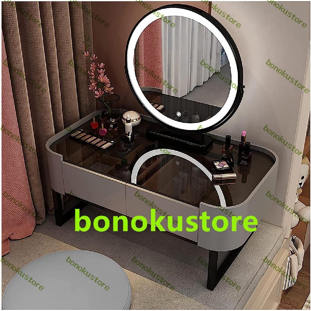 化粧台 化粧台 モダンなドレッシングテーブル リバーシブル LED ラウンドミラー付き 引き出し付き 布張り化粧台 ゴージャス M-70cm拍卖