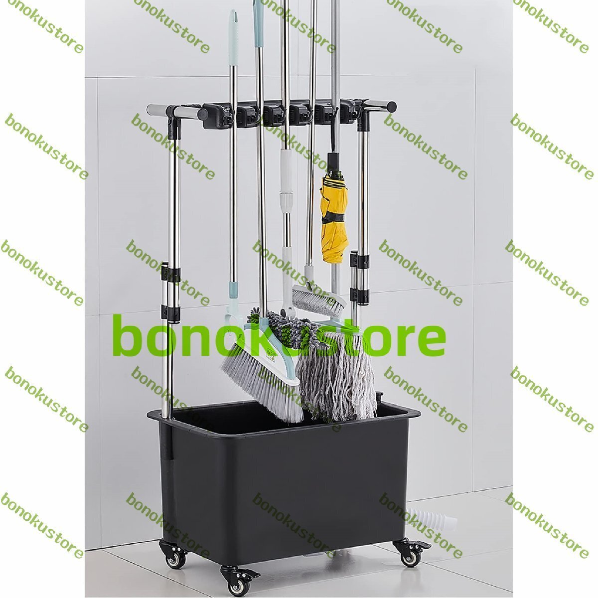 ほうきとモップホルダー ほうき フック 5位6鈎掃除用具入れ 濡れたモップを移動可能 床取り付けモップラック 床置き掃除ツールカート拍卖