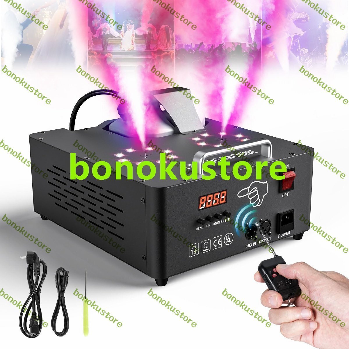 2000W LEDライトフォグマシン 30000CFM 8+8カラフルなLEDライトスモークマシン リモコン DMXおよび手動制御付き 結婚式 パーティー拍卖