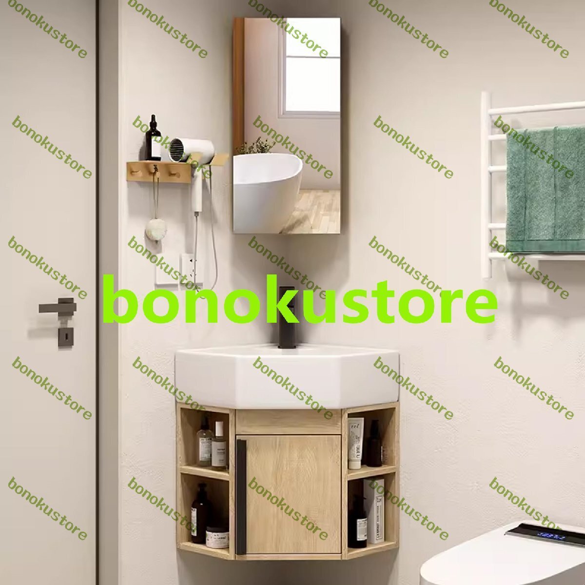 洗面化粧台 手洗い器 コーナーバスルーム洗面化粧台 シンクとミラーキャビネット付きの壁掛けバスルームキャビネット 収納コンテナ付き45cm拍卖