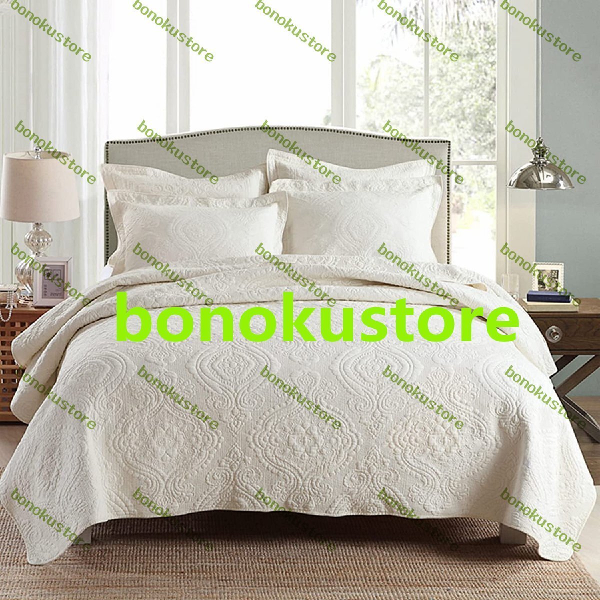 両面ステッチマイクロファイバーベッドスロー 超ソフトソリッドカラーエン3ピース軽量ベッドブランケット 2枕カバー付き250x270cm拍卖