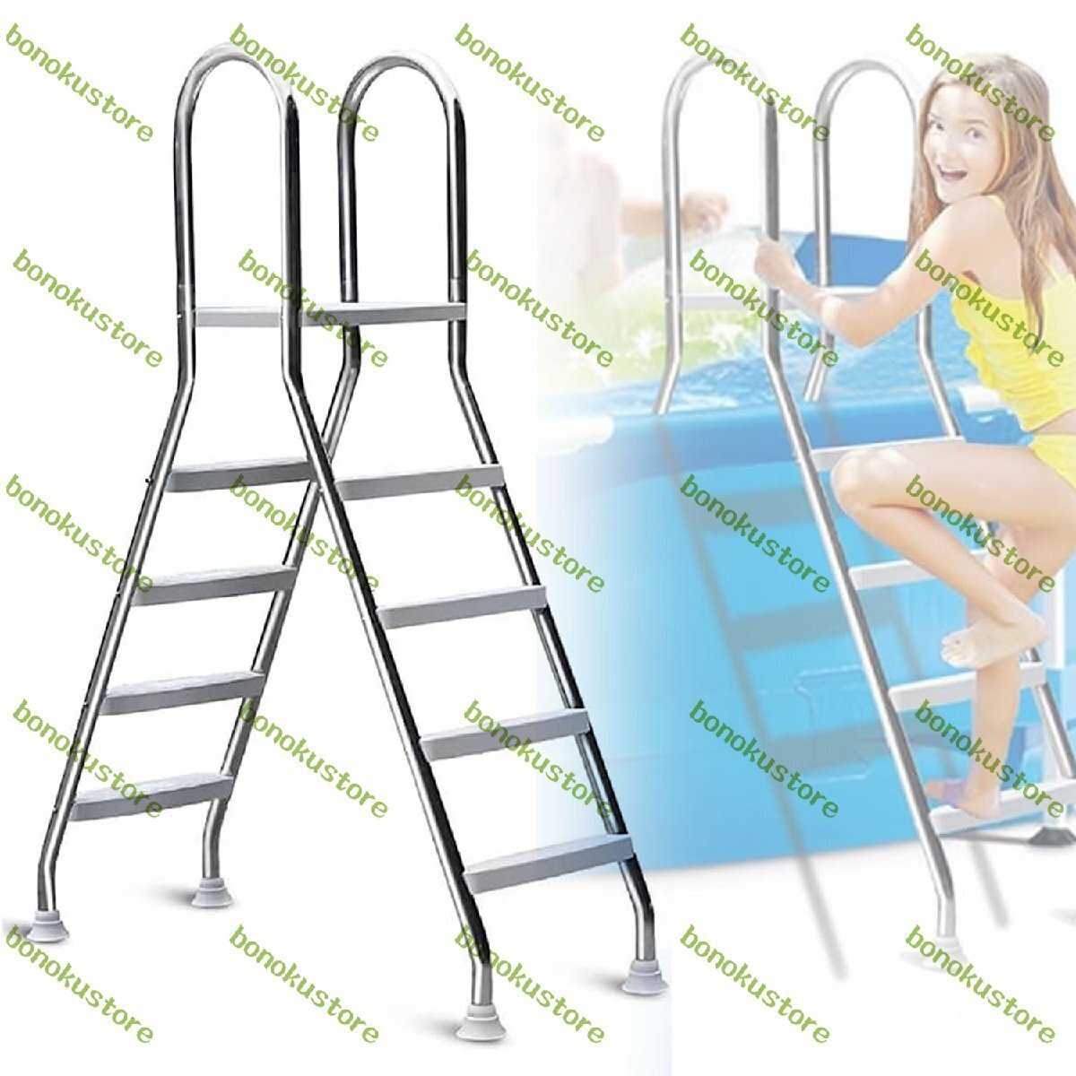 地上プールはしご、4 ステップステンレス鋼両面エスカレーター滑り止め足付き、頑丈なスイミングプール水はしご、耐荷重 500 ポンド拍卖