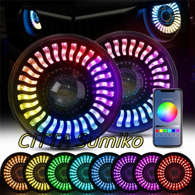 注目新作★ 7インチ LED デュアルビーム ヘッドライト RGB 流れる DRL Bluetooth ジープ ラングラー用 JK LJ TL拍卖