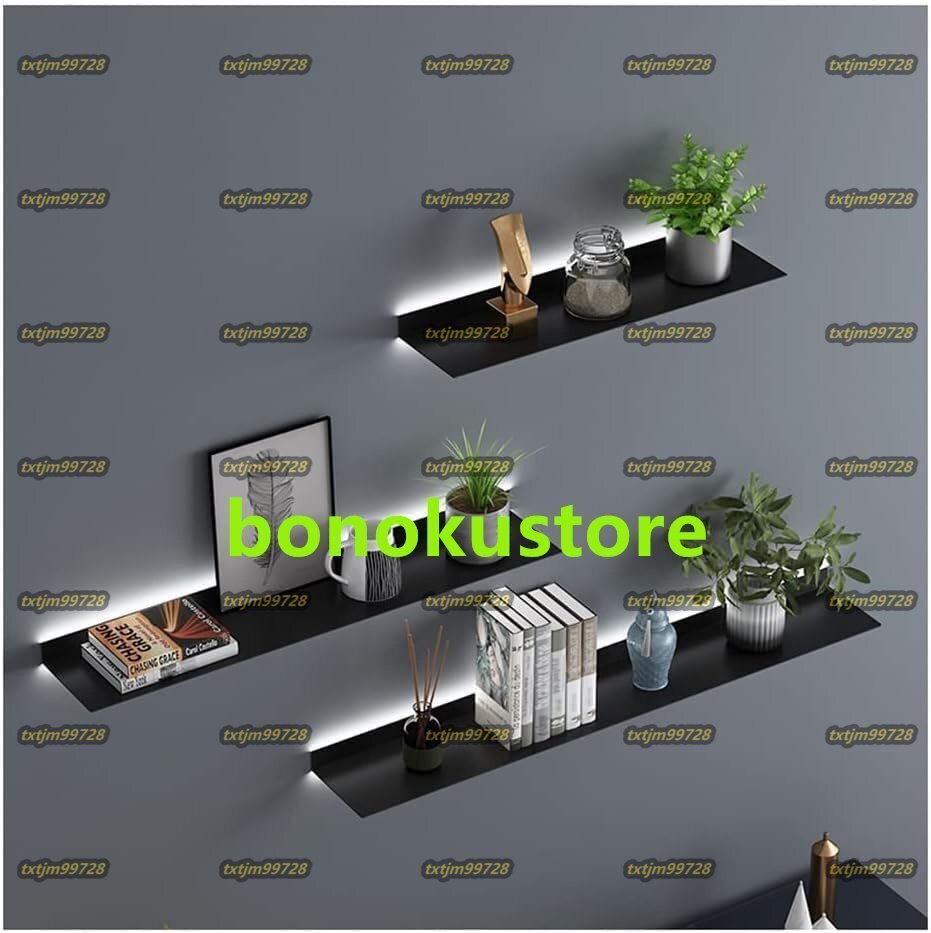 フローティングシェルフ壁掛け、照明付きウォールシェルフ、LEDライト内蔵、植物棚または本棚用、壁収納棚には1個のみ 60x15cm ブラック拍卖
