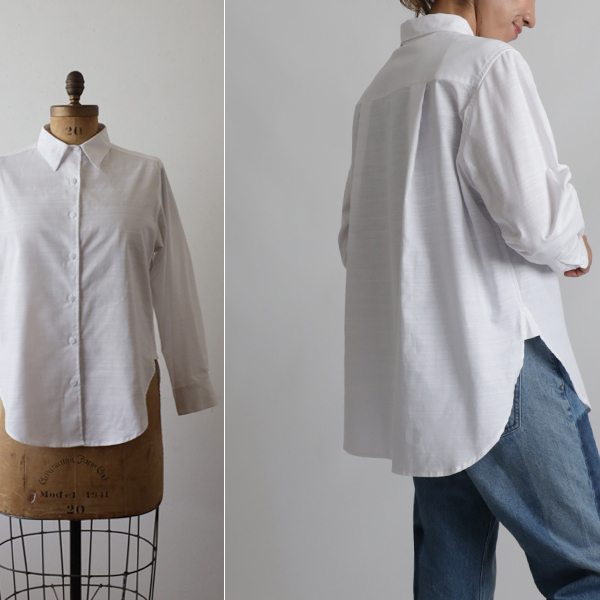 夏の日の2025 SALE ギマ擬麻コットン 後ろ姿も抜かりない 背中丸み 抜き襟 小粋シャツ ブラウス ホワイト白 Y99D拍卖