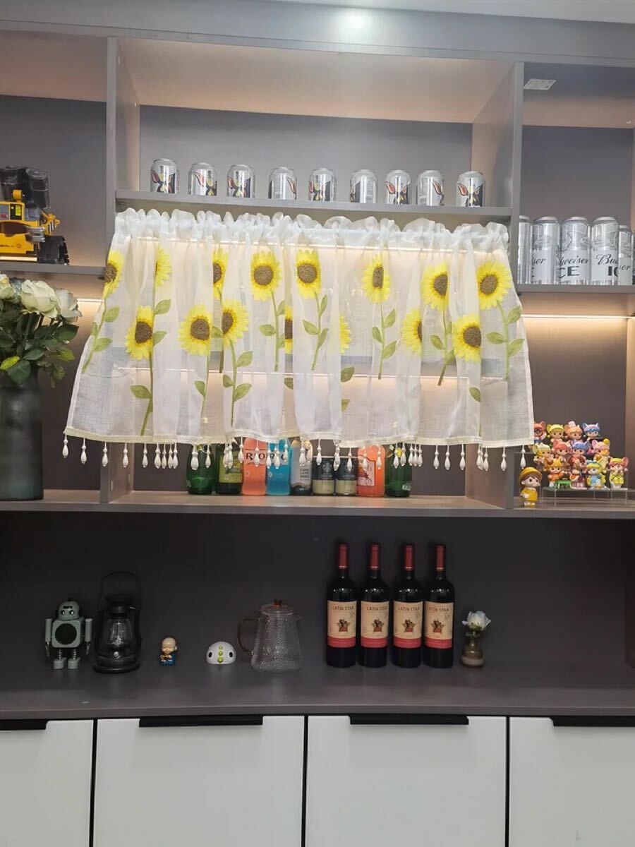 カフェカーテン 幅100センチ*丈50センチ 上品 目隠し フリンジ付き 高級刺繍 ホワイト 白 レース ひまわり 花柄 可愛い拍卖