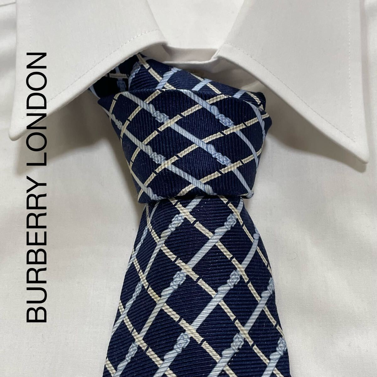 BURBERRY LONDON バーバリーロンドン ベルト チェック シルク ネクタイ イタリア製 ネイビー TG1252拍卖