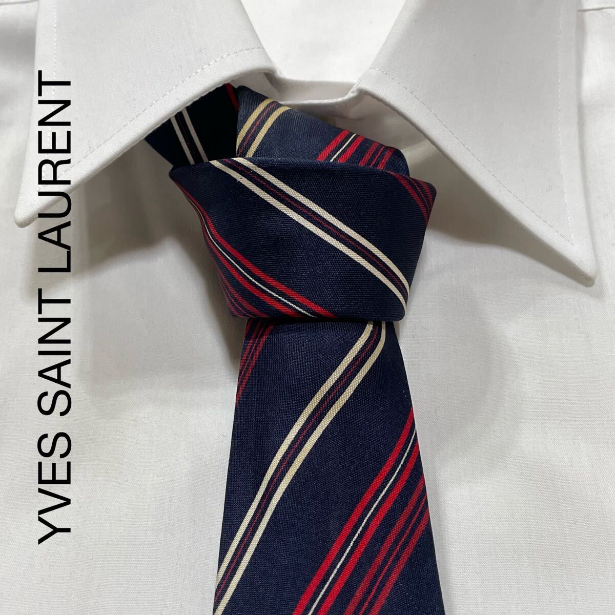 YVES SAINT LAURENT イヴサンローラン レジメンタル ストライプ シルク ネクタイ ネイビー レッド ホワイト TG1353拍卖