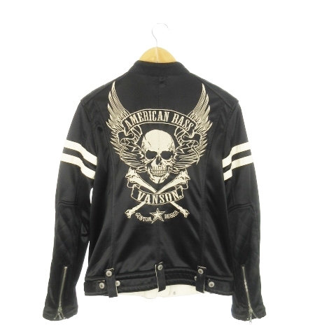 バンソン VANSON ブルゾンジャケット ジップアップ 裏起毛 アメカジ ライン ワッペン ロゴ 刺繍 スカル M 黒 ブラック拍卖