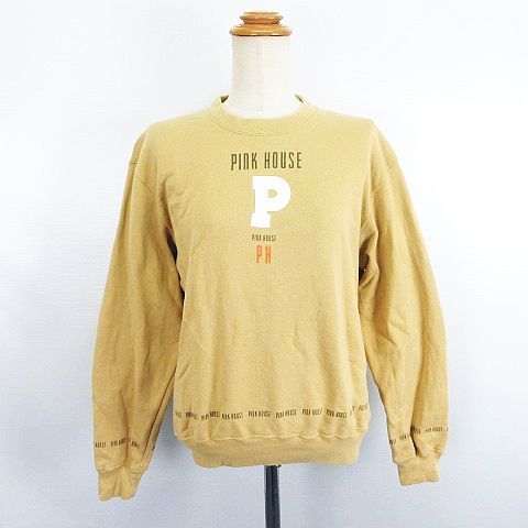 ピンクハウス PINK HOUSE トレーナー スウェット 長袖 丸首 ロゴ プリント コットン L イエローオーカー ※EKM レディース拍卖