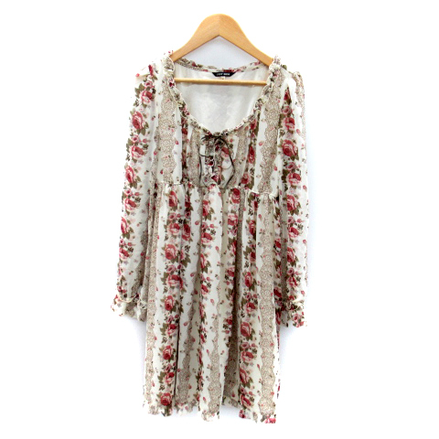 レストローズ L'EST ROSE ワンピース ひざ丈 長袖 Uネック 花柄 フリル リボン シースルー マルチカラー MT ベージュ /SY15 レディース拍卖
