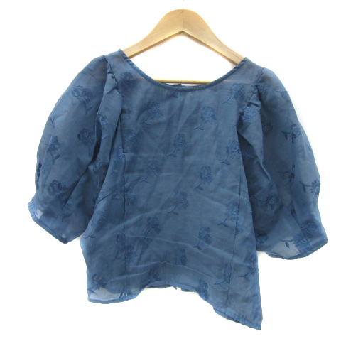 ミスティック mystic ブラウス カットソー 半袖 パフスリーブ 花柄 刺繍 バックボタン オーガンジー F 青 ブルー /YS37 レディース拍卖