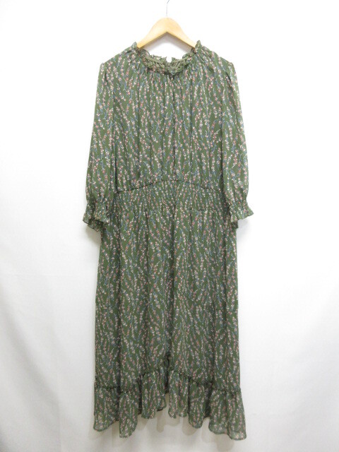 ローズティアラ Rose Tiara 美品 七分袖 花柄 シフォン ワンピース 46 大きいサイズ カーキ 裏地付き レディース拍卖