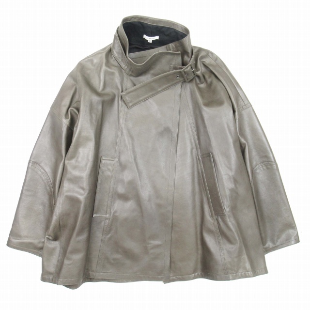極美品 ブラミンク BLAMINK 牛革 オーバーサイズ レザージャケット コート ハイネック ボタンレス ビッグシルエット カウスキン 36 グレー拍卖