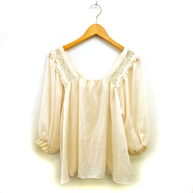 ジルスチュアート JILL STUART レース ブラウス 透け感 ボリュームスリーブ ギャザー バックボタン 七分袖 S ベージュ /NT18 レディース拍卖