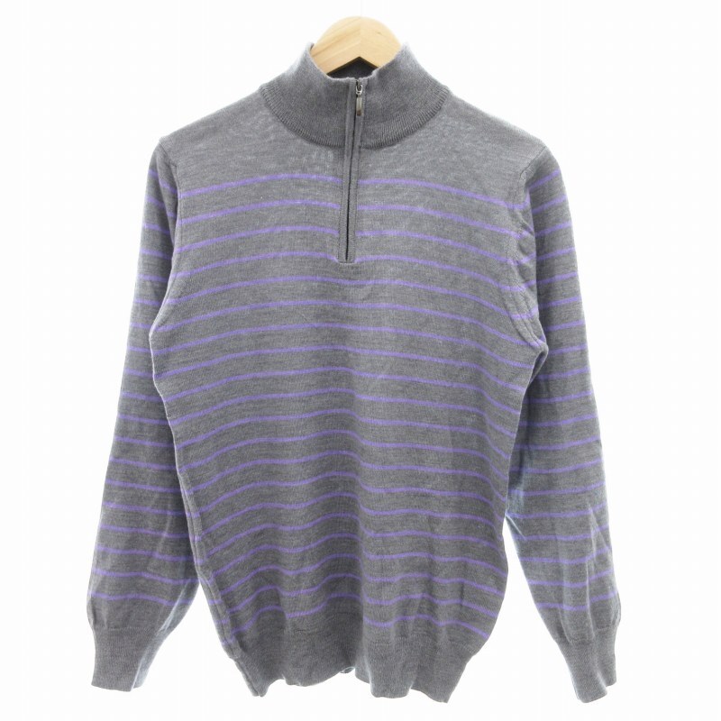 バーニーズニューヨーク BARNEYS NEW YORK ハーフジップニット セーター 長袖 ボーダー L グレー 紫 パープル /GV メンズ拍卖