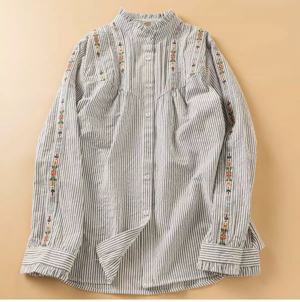 yh 2410 刺花柄 スタンド襟 ワイシャツ トップス チュニック 大人可愛 フリーサイズ ナチュラル 綿100% コットン 縞縞拍卖