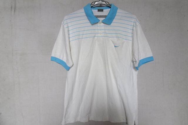 NIKE/ナイキ/半袖ポロシャツ/鹿の子素材/水色ボーダー柄/襟・袖口水色リブ素材/裾サイドスリット/白/ホワイト/Lサイズ(4/24R7)拍卖