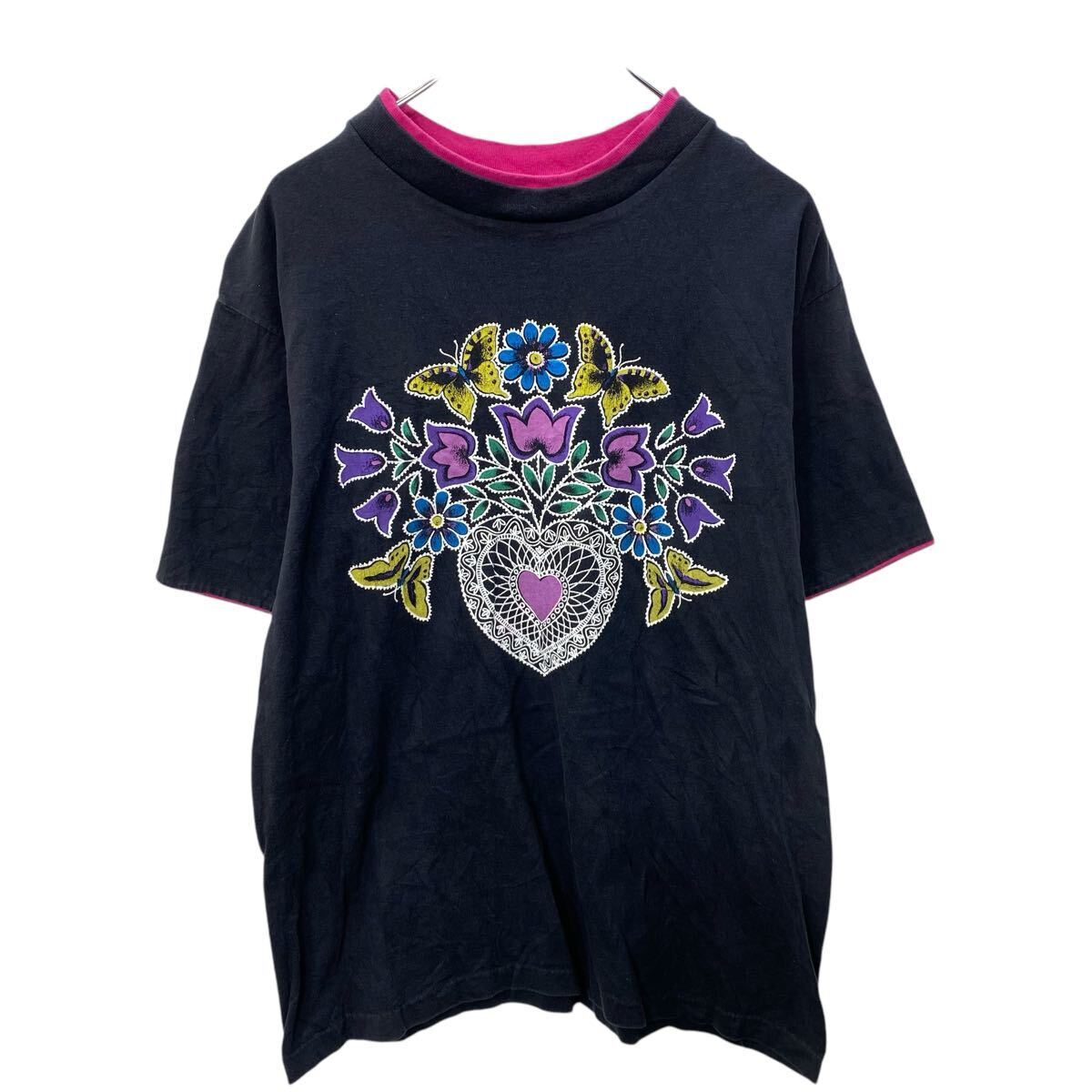 HEARTLAND 半袖 プリントTシャツ レディース L ブラック USA製 ダブルネック 古着卸 アメリカ仕入 a704-5445拍卖