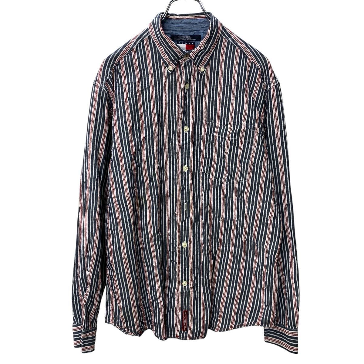 TOMMY HILFIGER 長袖 ストライプシャツ M ダークグレー レッド ホワイト トミーヒルフィガー ボタンダウン 古着卸 アメリカ仕入 a704-5966拍卖