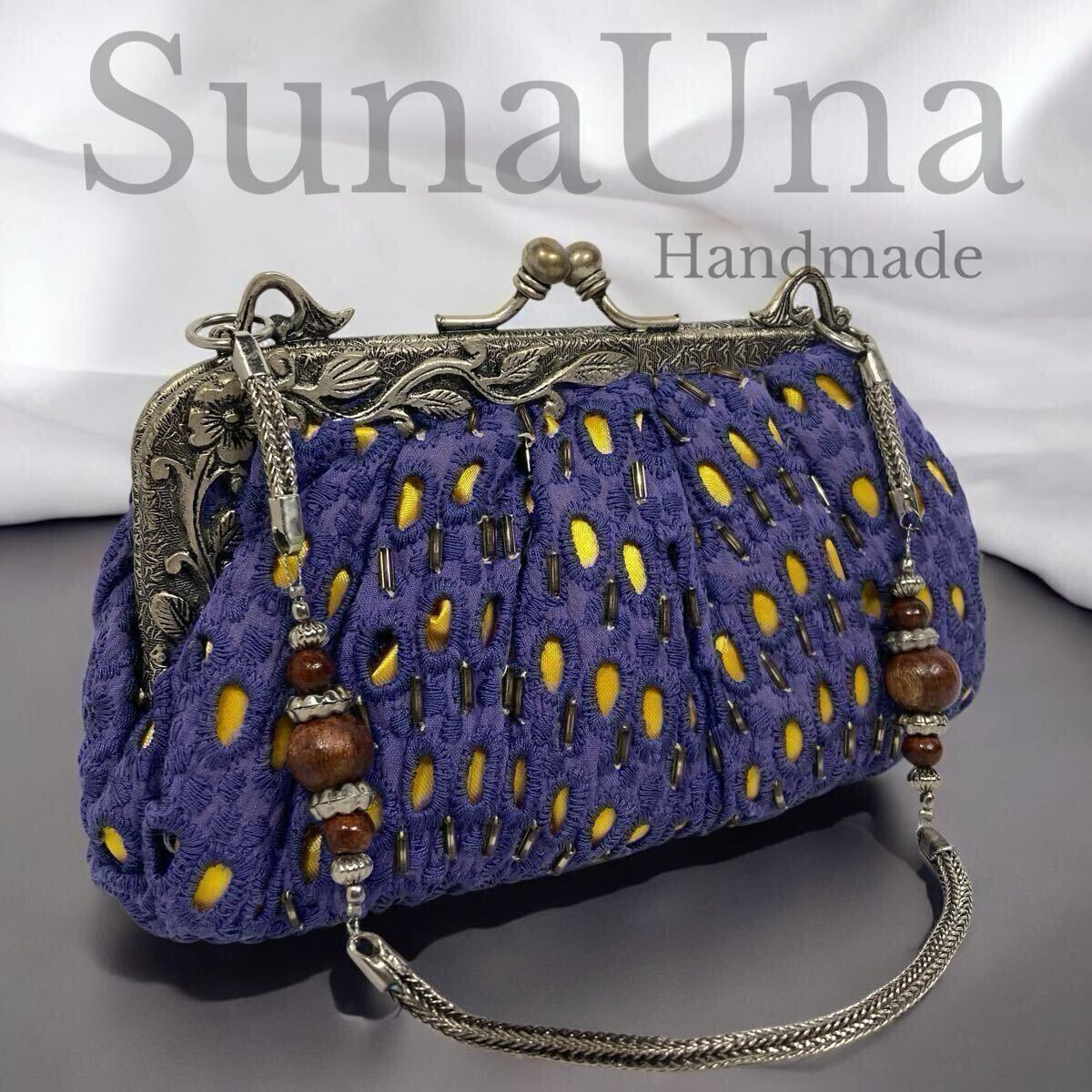sunauna レディース アクセサリーポーチ ハンド パーティー バッグ バック 彫金 口金 がま口 刺繍 ウッド 装飾 メッシュ チェーン拍卖
