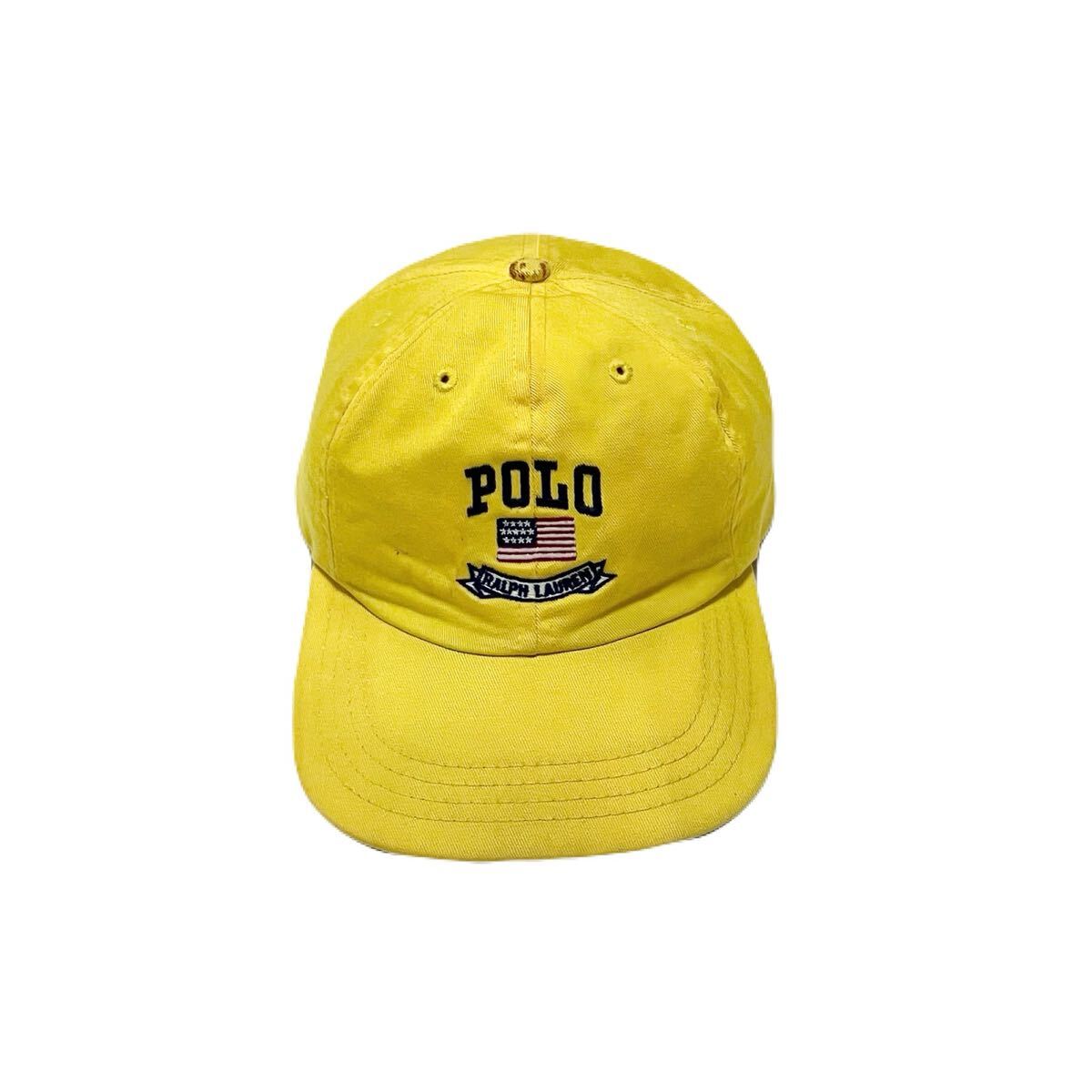 USA製 ポロ ラルフローレン コットン ベースボール ダッド キャップ ヴィンテージポロ 黄色 イエロー 90s 90年代 星条旗 刺繍 フリーサイズ拍卖