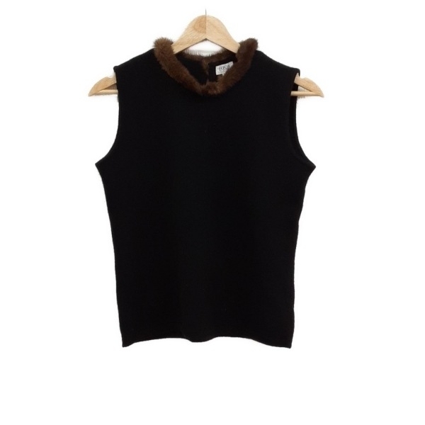 フォクシー FOXEY ノースリーブセーター/ニット サイズ40 M 14680 - 黒×ベージュ レディース クルーネック/カシミヤ/ミンク 美品 トップス拍卖