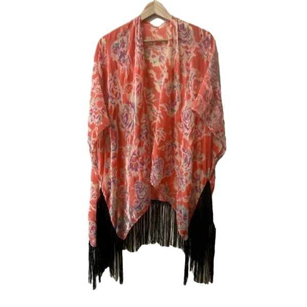 デシグアル Desigual カーディガン サイズU - オレンジ×ベージュ×マルチ レディース 変形袖/花柄/フリンジ 美品 トップス拍卖