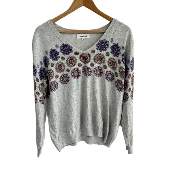 デシグアル Desigual 長袖セーター/ニット サイズM - ライトグレー×パープル×マルチ レディース Vネック/小花柄/ラインストーン 美品拍卖