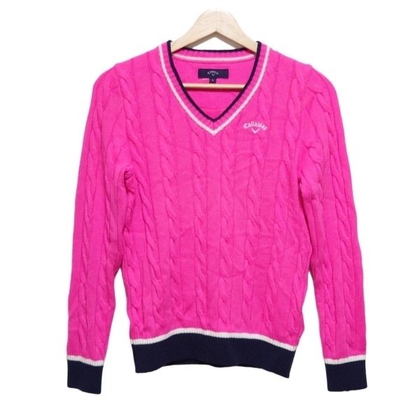 キャロウェイ CALLAWAY 長袖セーター/ニット サイズS - ピンク×ダークネイビー×白 レディース Vネック 美品 トップス拍卖