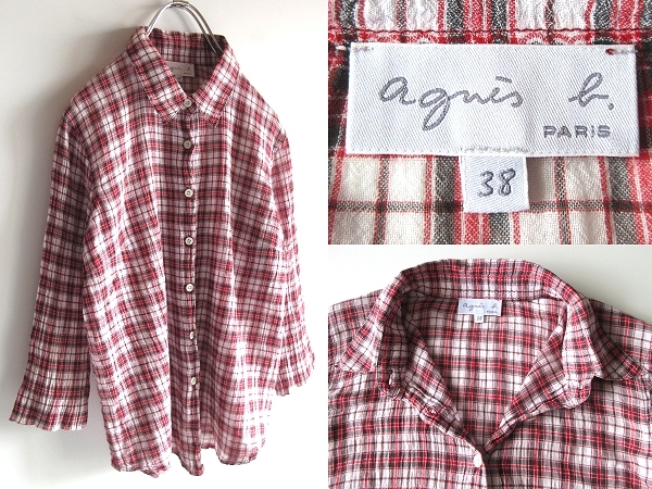 ネコポス対応 agnes b. アニエスベー ストレッチ コットン シワ加工 七分袖 チェックシャツ ブラウス 38 レッド ブラック ホワイト 赤黒白拍卖