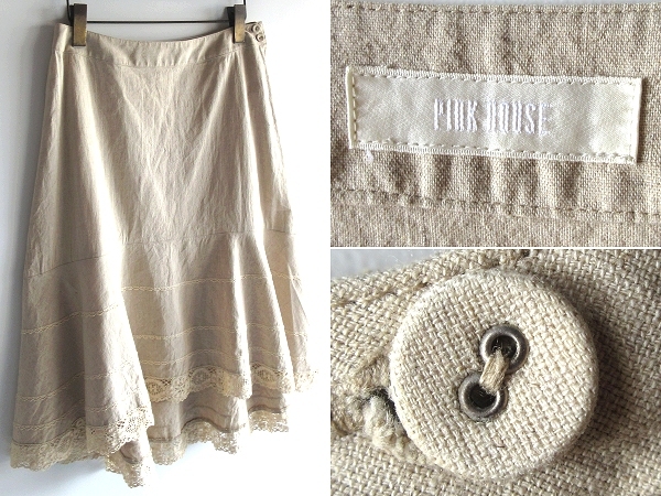 PINK HOUSE ピンクハウス 段々 レーステープ サイドジップ リネンコットン スカート ベージュ 麻綿 KANEKO ISAO カネコイサオ拍卖