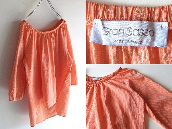 イタリア製 GRAN SASSO グランサッソ コットン ストライプ ギャザー プルオーバーブラウス シャツ 42 サーモンオレンジ ネコポス対応拍卖