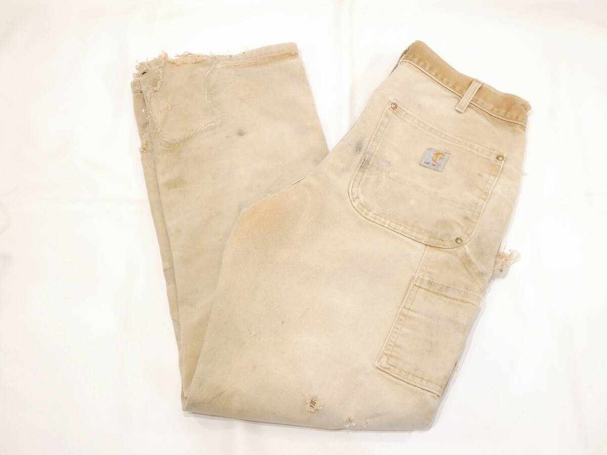 レア 雰囲気良し USA製 10s ビンテージ Carhartt カーハート ブラウン ダック ダブルニー ペインター ワーク パンツ 32×32 襤褸 90s 80s拍卖