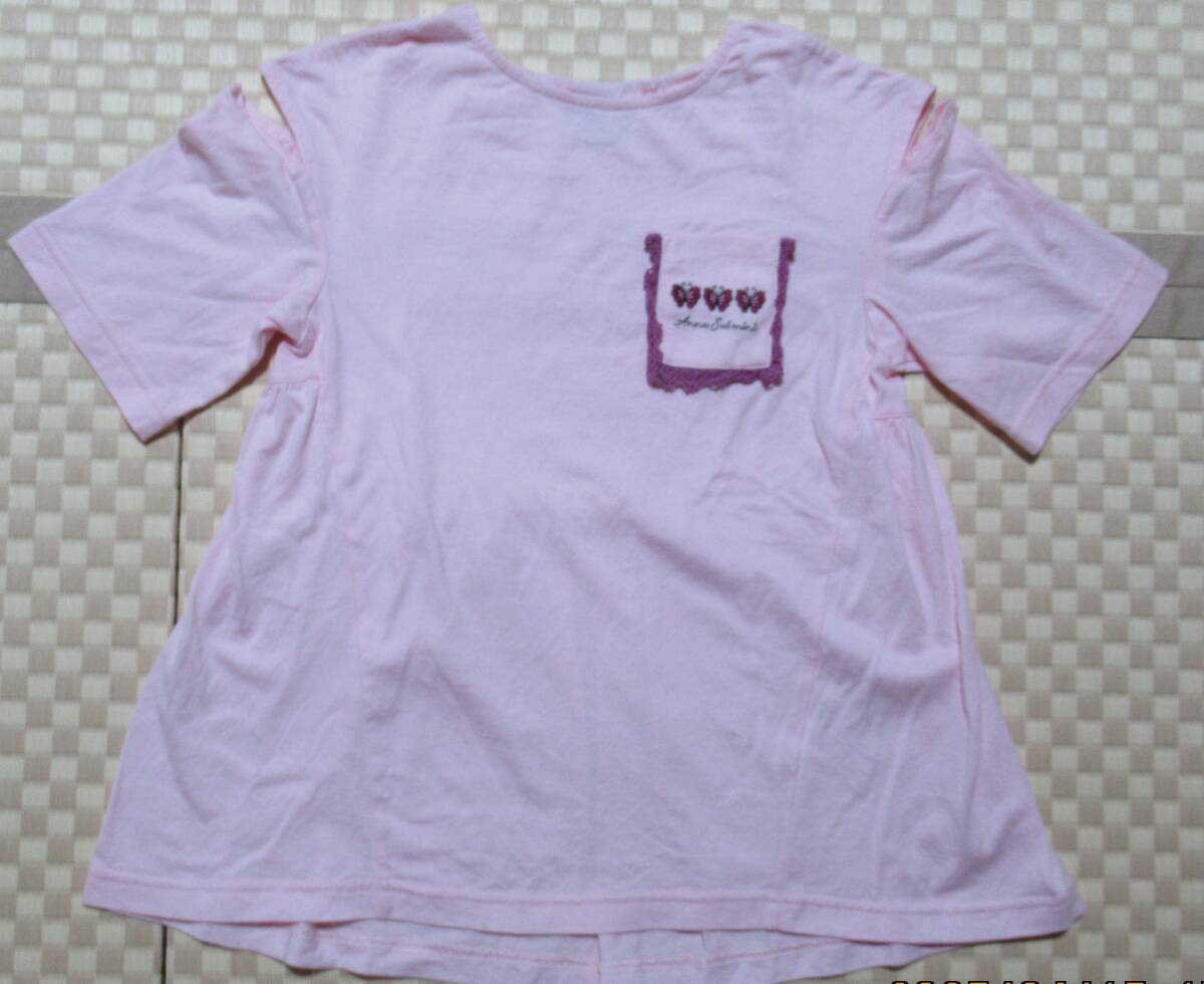 美品 アナスイミニ 130サイズ 半袖 Tシャツ カットソー ピンク 蝶々刺繍 レース ポケット 子供服 キッズ 女の子 anasuimini拍卖