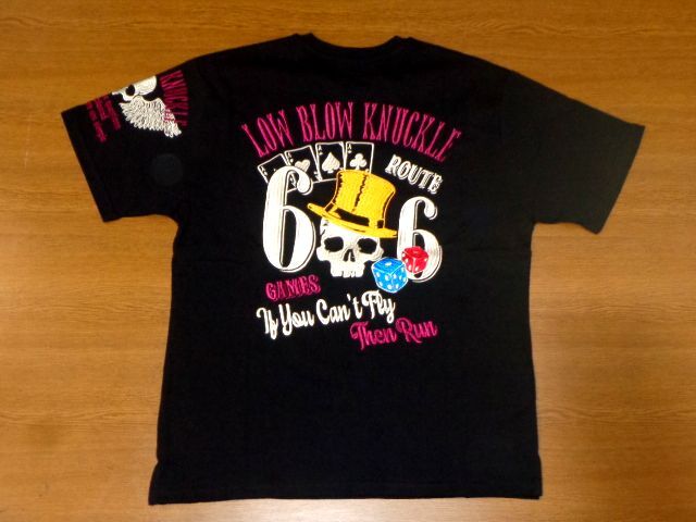 LOW BLOW KNUCKLE Tシャツ デッドオアアライブ/黒Lサイズ/ロー ブロー ナックル 554364 フライング スカル/総刺繍 新品 半袖Tシャツ 髑髏 拍卖
