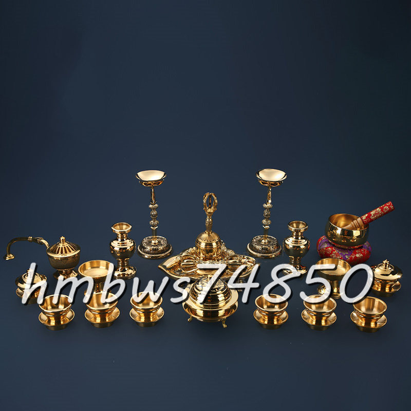 「密教法具 寺院仏具」極上品 前具(一面器)大型 23点セット 金剛杵/金剛鈴/金剛盤/火舎香炉/六器/華瓶/仏器 真鍮製 磨き仕上げ 工芸品拍卖