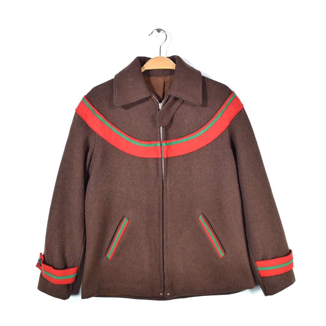 【送料無料】30s ヴィンテージウールジャケット ハトメタロンジッパー コの字 センタープリーツ ブラウン フェルト タロンジップ @DZ0708拍卖