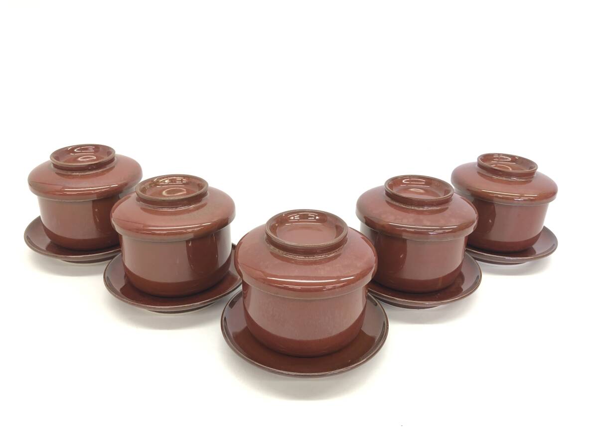 白山陶器 赤釉鉄砂 蒸し碗 茶碗蒸し器 茶碗蒸し食器 蓋物 受け皿付 プリン 5客 ブランド 和食器 茶色 ブラウン 陶器製 口径8㎝ 高さ6.3㎝拍卖