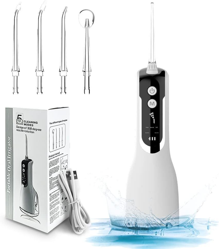 口腔洗浄器 330ml水タンク 5つモード IPX7防水 携帯型 歯間ジェット 歯周ポケット洗浄 USB充電式 水流洗浄 ノズル4本付き拍卖