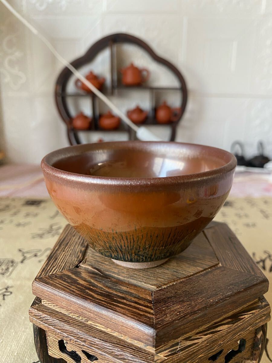 天目茶碗 茶道具 建窯盞 窯変釉 茶碗 油滴天目 曜変天目 天目釉 曜変茶碗手作り窯 茶器古美術 銘あり 拍卖