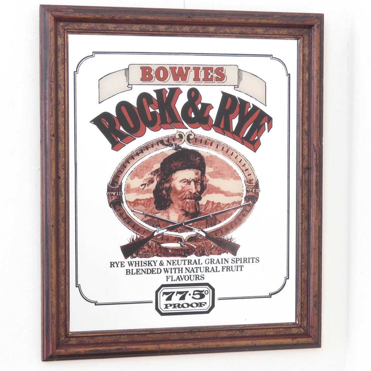 《セール品》ウィスキーのビンテージミラー/BOWIES(ROCK&RYE) RYE WHISKY&NEUTRAL GRAINS PIRITS/壁掛け鏡/店舗什器/インテリア/A-4450-3拍卖