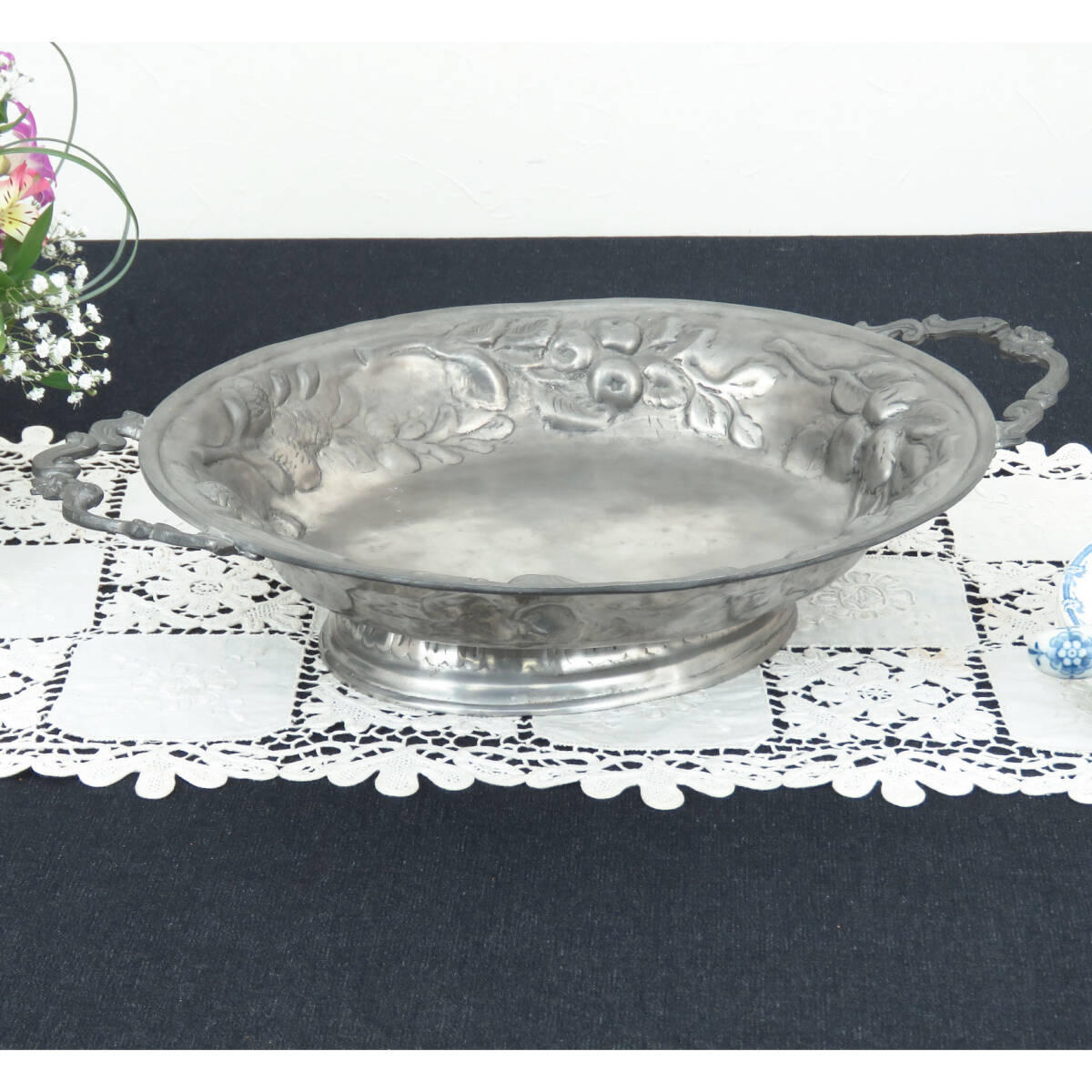 フランスで買い付けたハンドル付きの古いピューター製トレイ/フルーツコンポート/プレート/店舗什器/ディスプレイ/インテリア雑貨/AL-2032拍卖