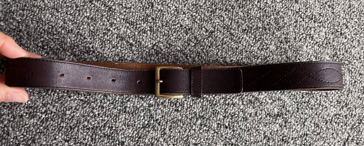 ヴィンテージ80’S★日本製★本革ベルト★日本製真鍮バックル★1枚革★飾りステッチ★こげ茶★ダークブラウン拍卖