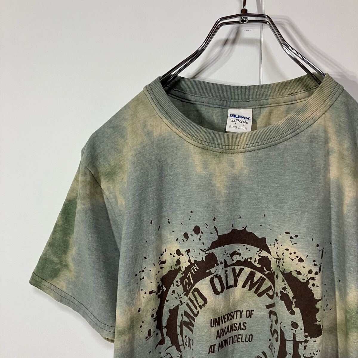 古着 プリント アート クルーネック 半袖 Tシャツ 一点物 ライトグリーン ベージュ グリーン M拍卖